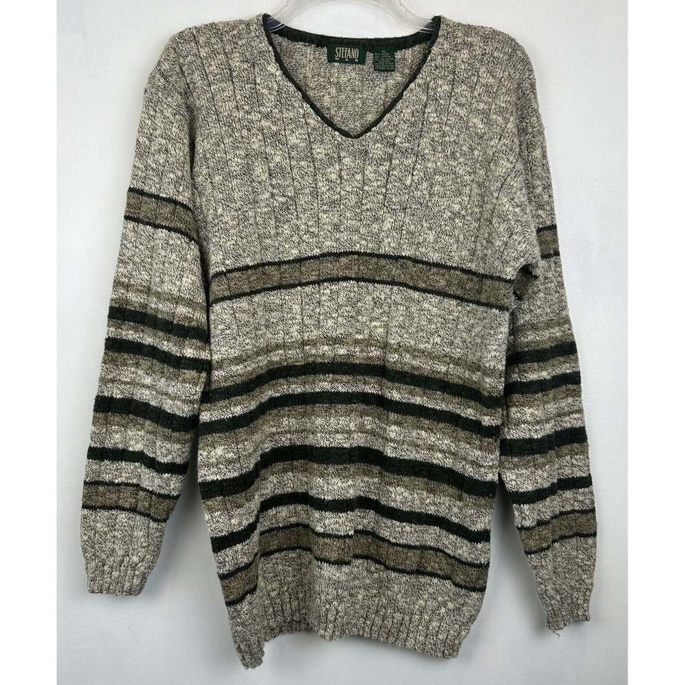 Vtg Sweater Mens XL V Neck Pullover Grandpa Ramie Cotton Blend Green Stripe